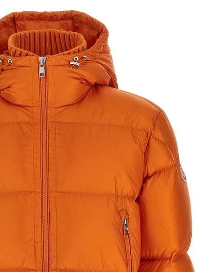 Hooded Puffer Jacket by Moncler for men in polyamide wool & goose-down orange & signature features an on trend silhouette, showcasing refined hooded & insulated and a sophisticated hooded high-neck neckline for a truly on trend finish.