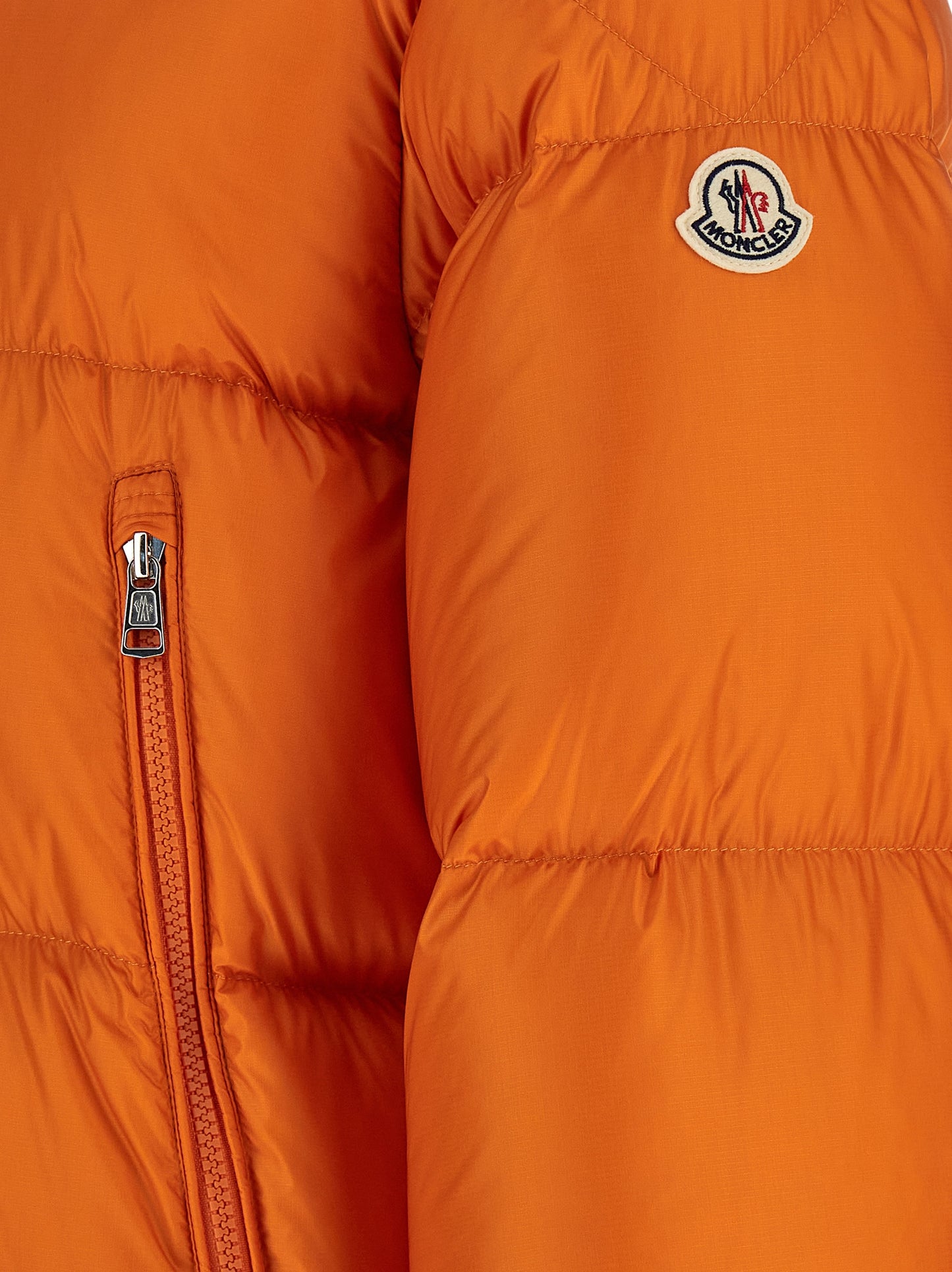 Hooded Puffer Jacket by Moncler for men in polyamide wool & goose-down orange & signature showcases a bohemian silhouette, artfully detailed with a bohemian and signature hooded & insulated for a truly bohemian finish.