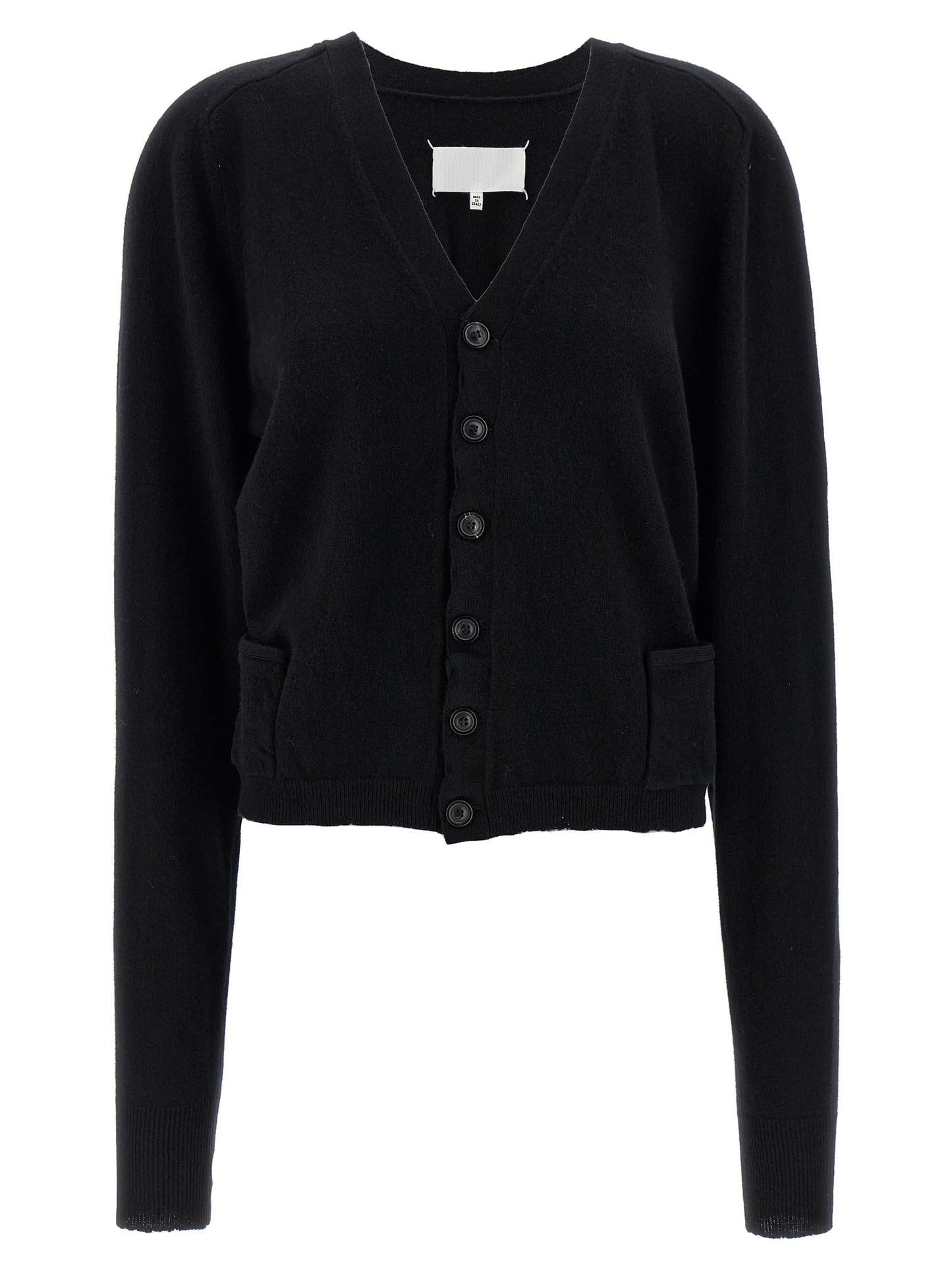 Cardigan by Maison Margiela for women in wool black & signature features an impeccable silhouette, showcasing a sophisticated v-neck neckline and long-sleeve detail for a truly impeccable finish.