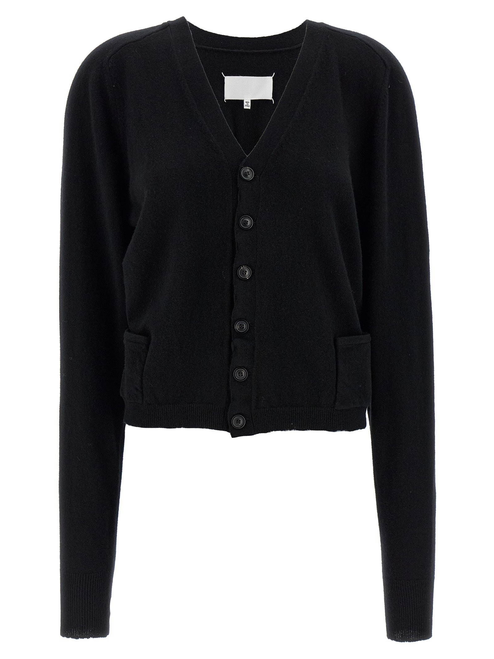 Cardigan by Maison Margiela for women in wool black & signature features an impeccable silhouette, showcasing a sophisticated v-neck neckline and long-sleeve detail for a truly impeccable finish.