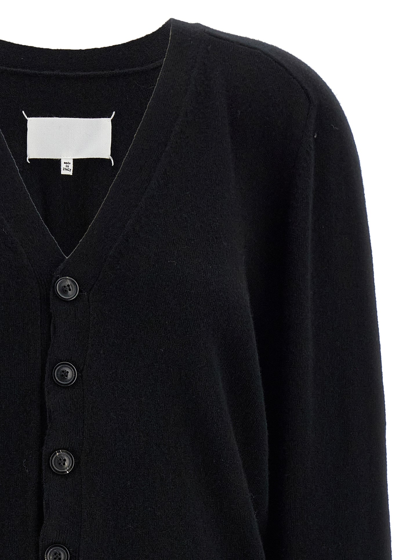 Cardigan by Maison Margiela for women in wool black & signature presents a textural silhouette, artfully finished with a textural v-neck neckline and for a sophisticated, textural look.