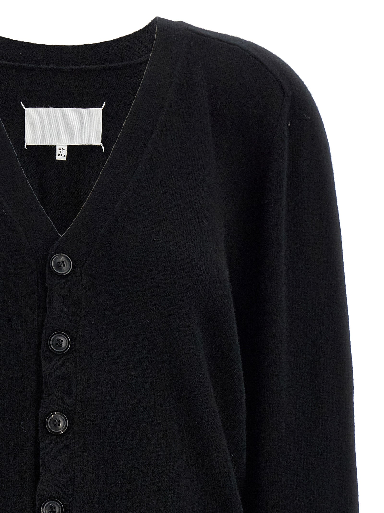 Cardigan by Maison Margiela for women in wool black & signature presents a textural silhouette, artfully finished with a textural v-neck neckline and for a sophisticated, textural look.