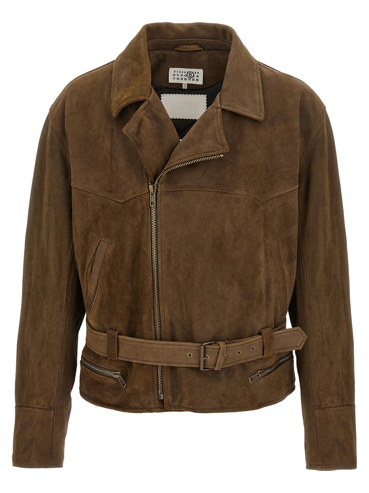 Jacket by MM6 Maison Margiela for men in nylon & suede calfskin leather brown presents a impeccable silhouette, showcasing distinct insulated and a impeccable lapel neckline for a sophisticated finish.