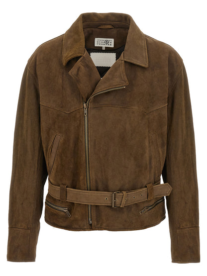 Jacket by MM6 Maison Margiela for men in nylon & suede calfskin leather brown presents a impeccable silhouette, showcasing distinct insulated and a impeccable lapel neckline for a sophisticated finish.