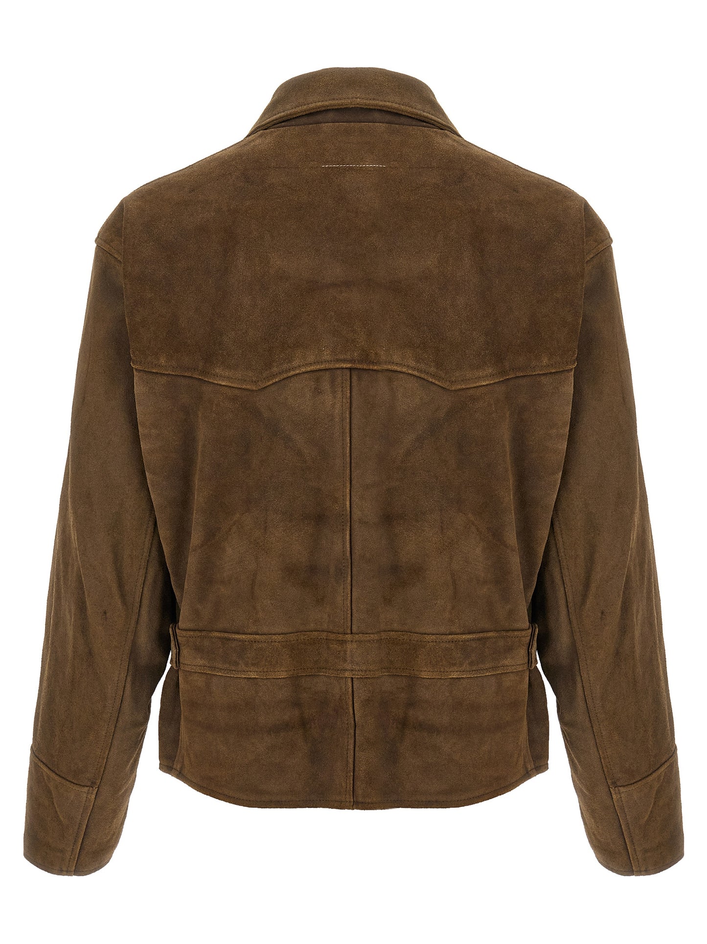 Jacket by MM6 Maison Margiela for men in nylon & suede calfskin leather brown features a smart silhouette, perfectly accentuated by its unique lapel neckline and functional insulated for a smart finish.