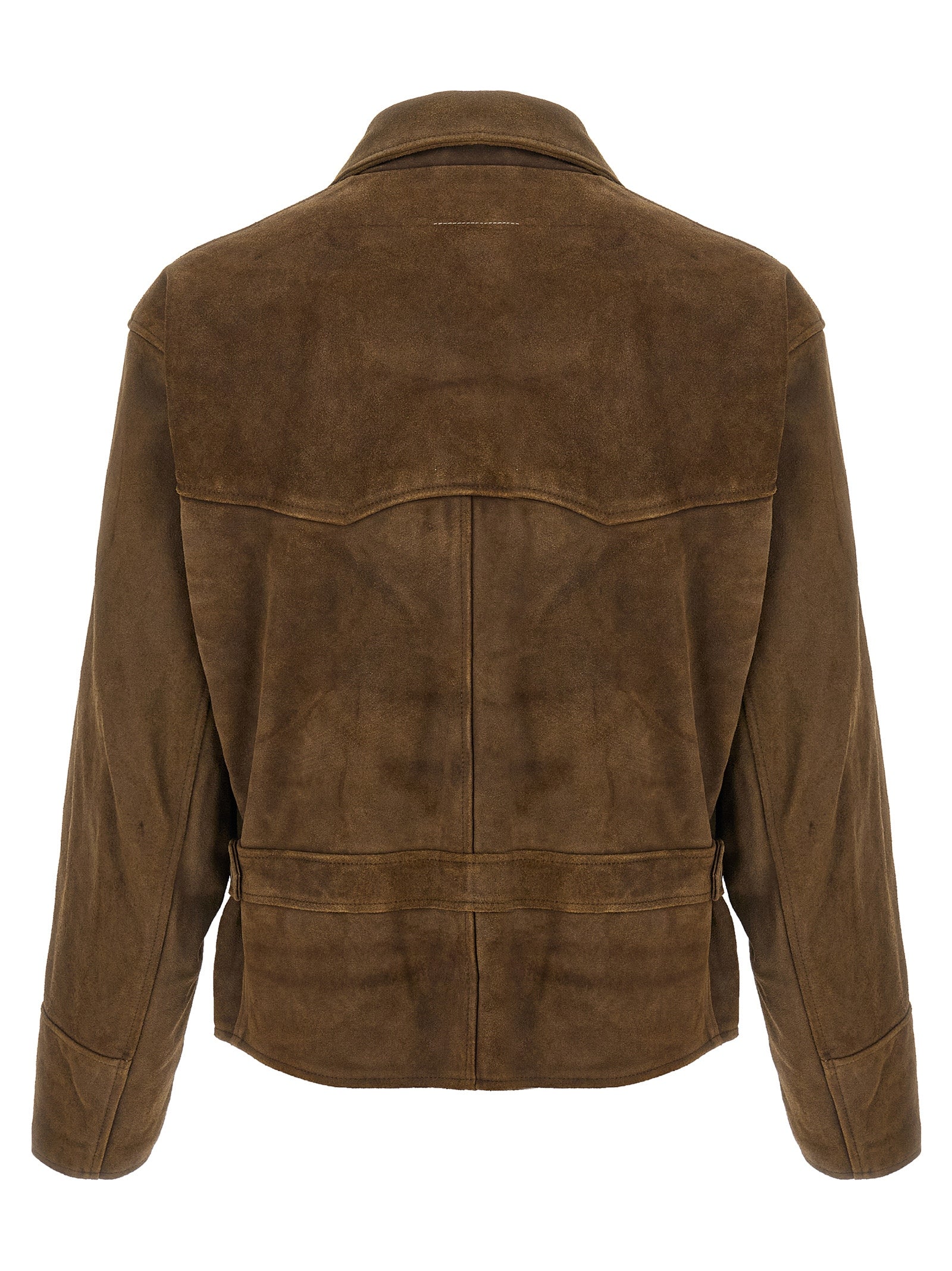 Jacket by MM6 Maison Margiela for men in nylon & suede calfskin leather brown features a smart silhouette, perfectly accentuated by its unique lapel neckline and functional insulated for a smart finish.