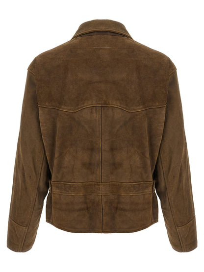 Jacket by MM6 Maison Margiela for men in nylon & suede calfskin leather brown features a smart silhouette, perfectly accentuated by its unique lapel neckline and functional insulated for a smart finish.