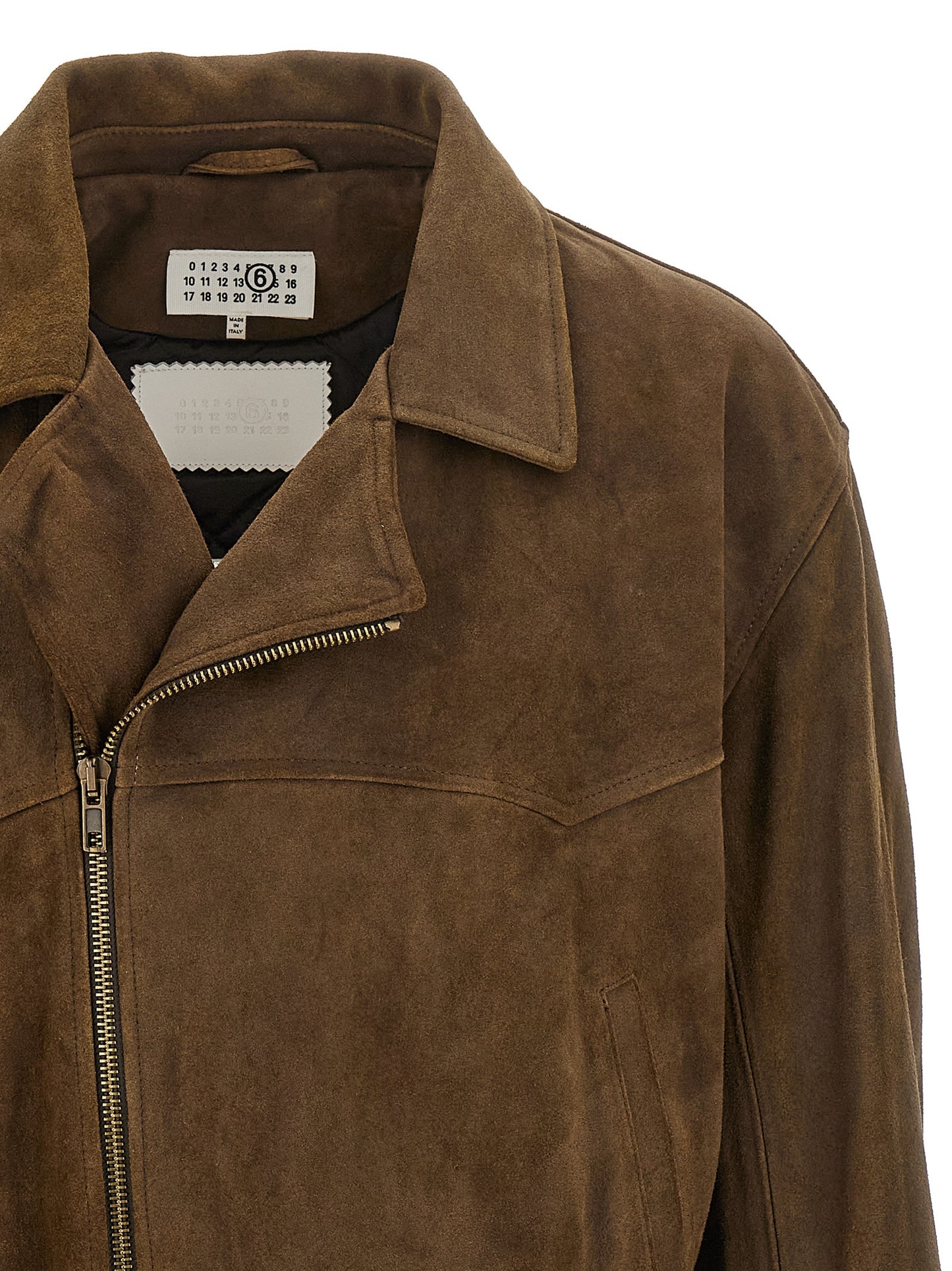 Jacket by MM6 Maison Margiela for men in nylon & suede calfskin leather brown features an utilitarian silhouette with a refined lapel neckline, showcasing sophisticated insulated for an utilitarian aesthetic.