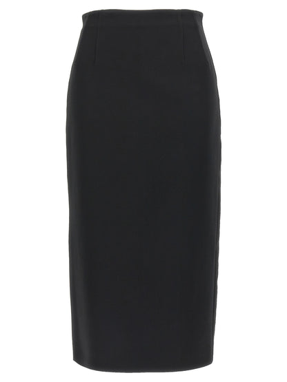 Skirt by Max Mara for women in viscose satin black showcases a sultry silhouette, elegantly defined by its midi and the sophisticated sultry design of the Women's Viscose Satin Midi Skirt.