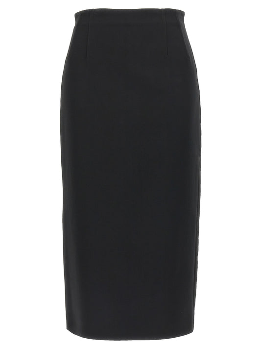 Skirt by Max Mara for women in viscose satin black showcases a sultry silhouette, elegantly defined by its midi and the sophisticated sultry design of the Women's Viscose Satin Midi Skirt.