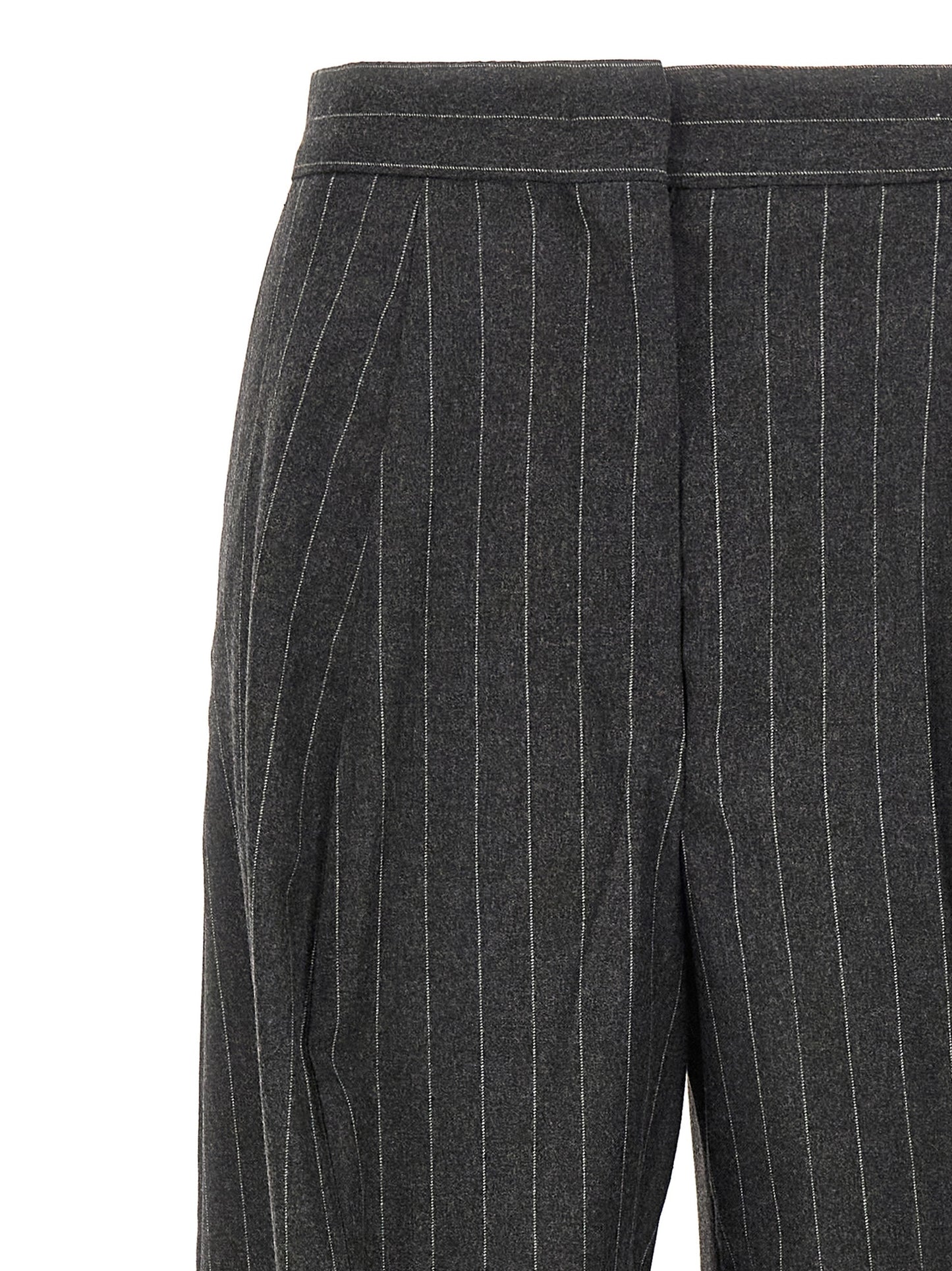 Trousers by Sportmax for women in polyamide & virgin wool gray features an sartorial silhouette, showcasing a precise wide and long with a sartorial low rise for a refined look.