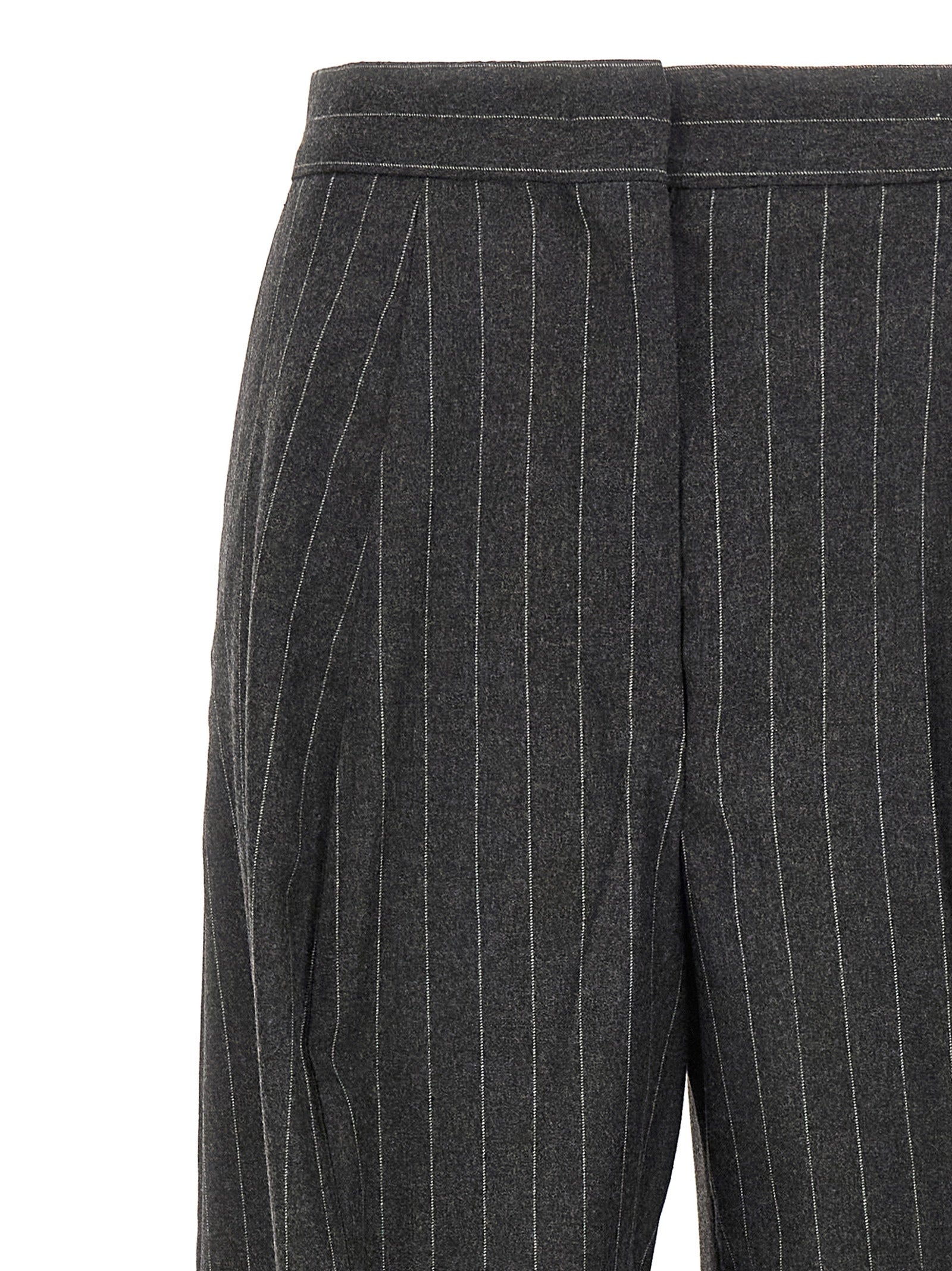 Trousers by Sportmax for women in polyamide & virgin wool gray features an sartorial silhouette, showcasing a precise wide and long with a sartorial low rise for a refined look.