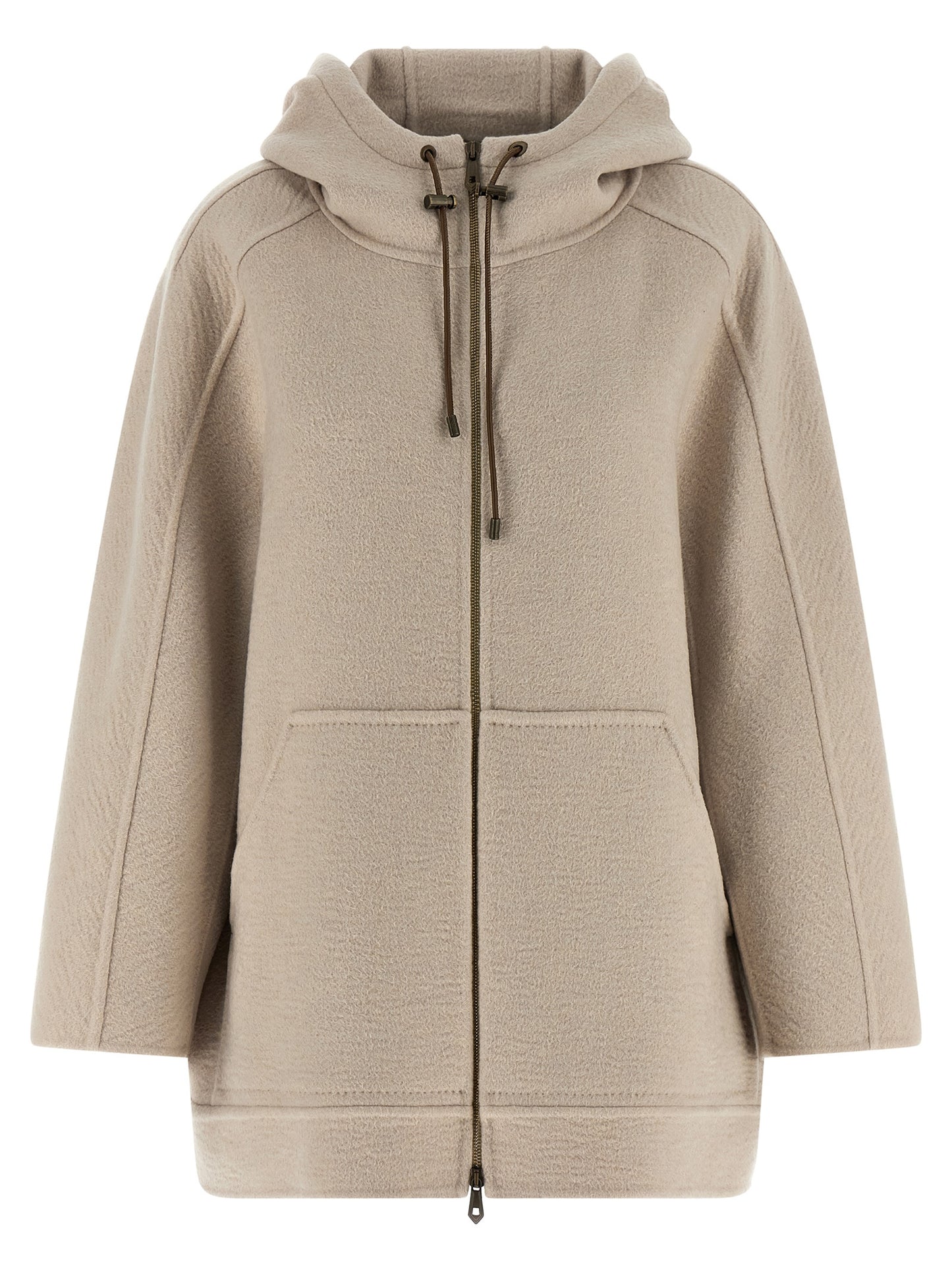 Hooded Trench Coat by Max Mara for women in cashmere & leather beige features an dramatic silhouette, perfectly showcasing the elegant hooded neckline and sophisticated pockets & hooded for a truly dramatic aesthetic.