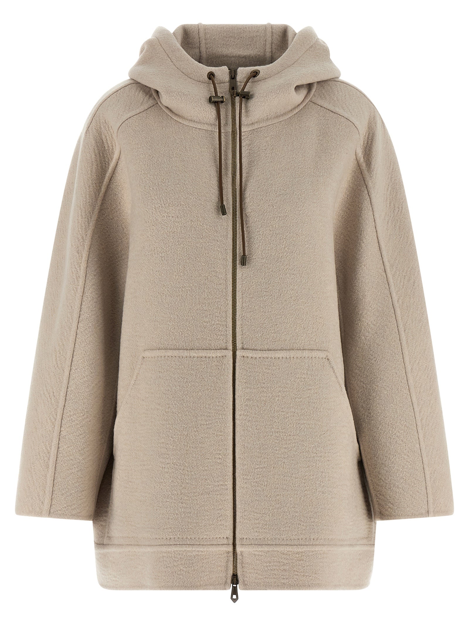Hooded Trench Coat by Max Mara for women in cashmere & leather beige features an dramatic silhouette, perfectly showcasing the elegant hooded neckline and sophisticated pockets & hooded for a truly dramatic aesthetic.