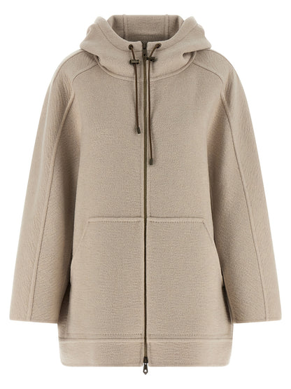 Hooded Trench Coat by Max Mara for women in cashmere & leather beige features an dramatic silhouette, perfectly showcasing the elegant hooded neckline and sophisticated pockets & hooded for a truly dramatic aesthetic.