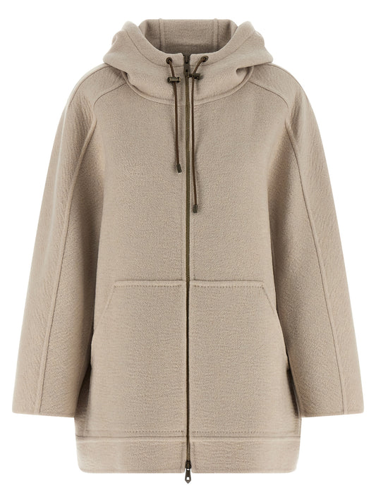Hooded Trench Coat by Max Mara for women in cashmere & leather beige features an dramatic silhouette, perfectly showcasing the elegant hooded neckline and sophisticated pockets & hooded for a truly dramatic aesthetic.