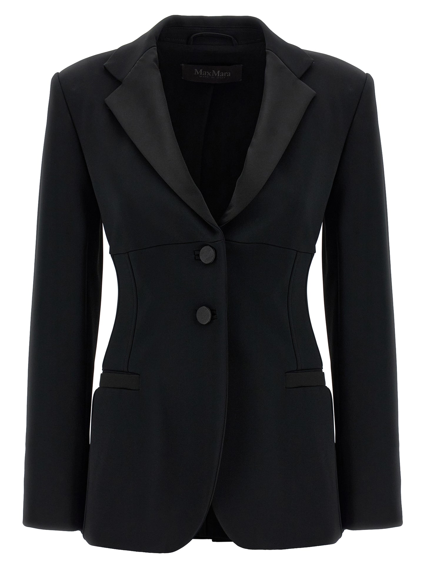 Blazer by Max Mara for women in viscose satin black features an crisp silhouette with sophisticated and a crisp split neckline for a truly crisp finish.
