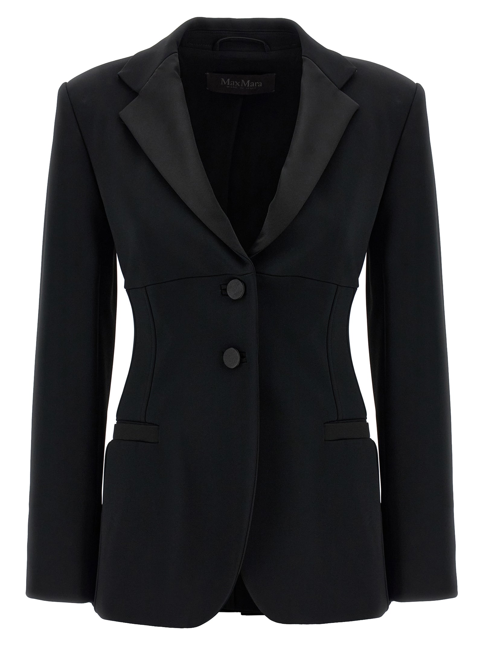 Blazer by Max Mara for women in viscose satin black features an crisp silhouette with sophisticated and a crisp split neckline for a truly crisp finish.