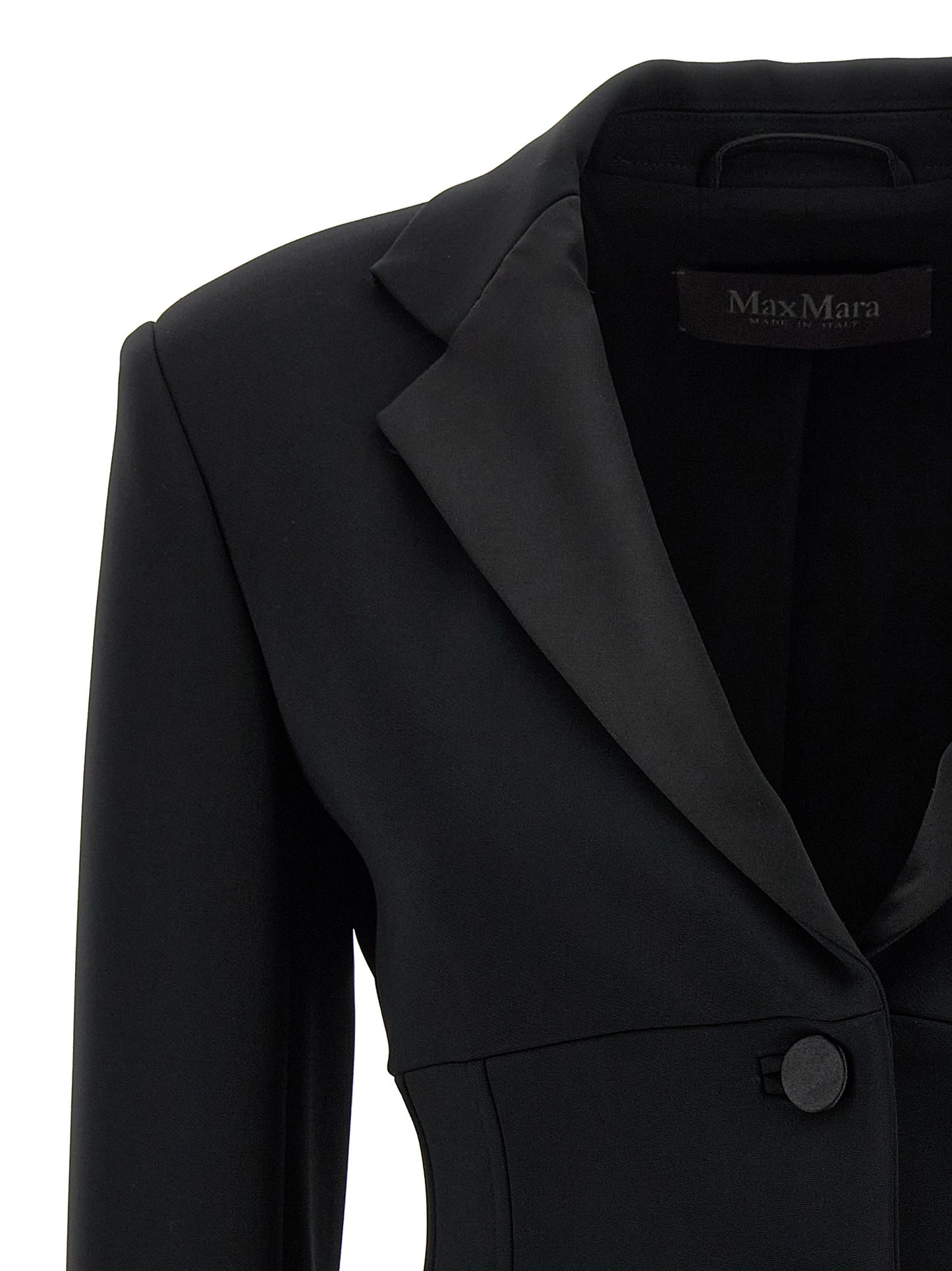 Blazer by Max Mara for women in viscose satin black features an sartorial silhouette, showcasing a sophisticated split neckline and sartorial for a truly sartorial finish.