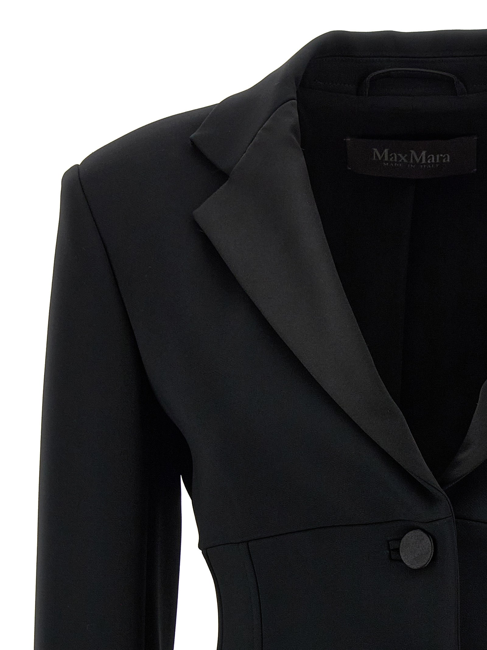 Blazer by Max Mara for women in viscose satin black features an sartorial silhouette, showcasing a sophisticated split neckline and sartorial for a truly sartorial finish.