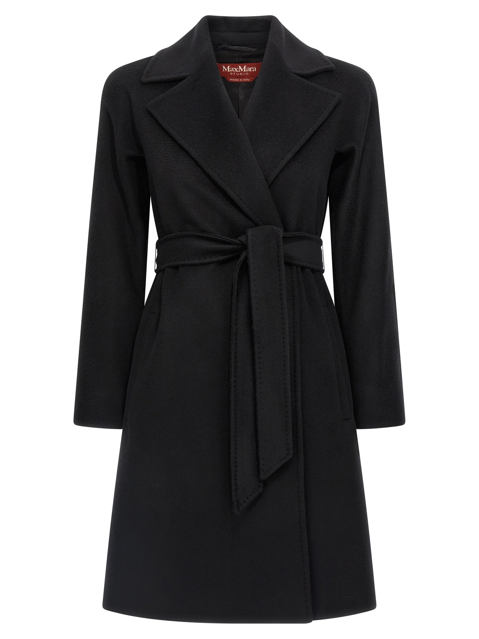 Overcoat by Max Mara for women in viscose & virgin wool black & monogram showcases a architectural silhouette, artfully detailed with a distinctive wrap lapel neckline and functional pockets for a architectural finish.