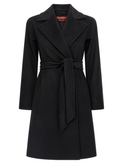 Overcoat by Max Mara for women in viscose & virgin wool black & monogram showcases a architectural silhouette, artfully detailed with a distinctive wrap lapel neckline and functional pockets for a architectural finish.