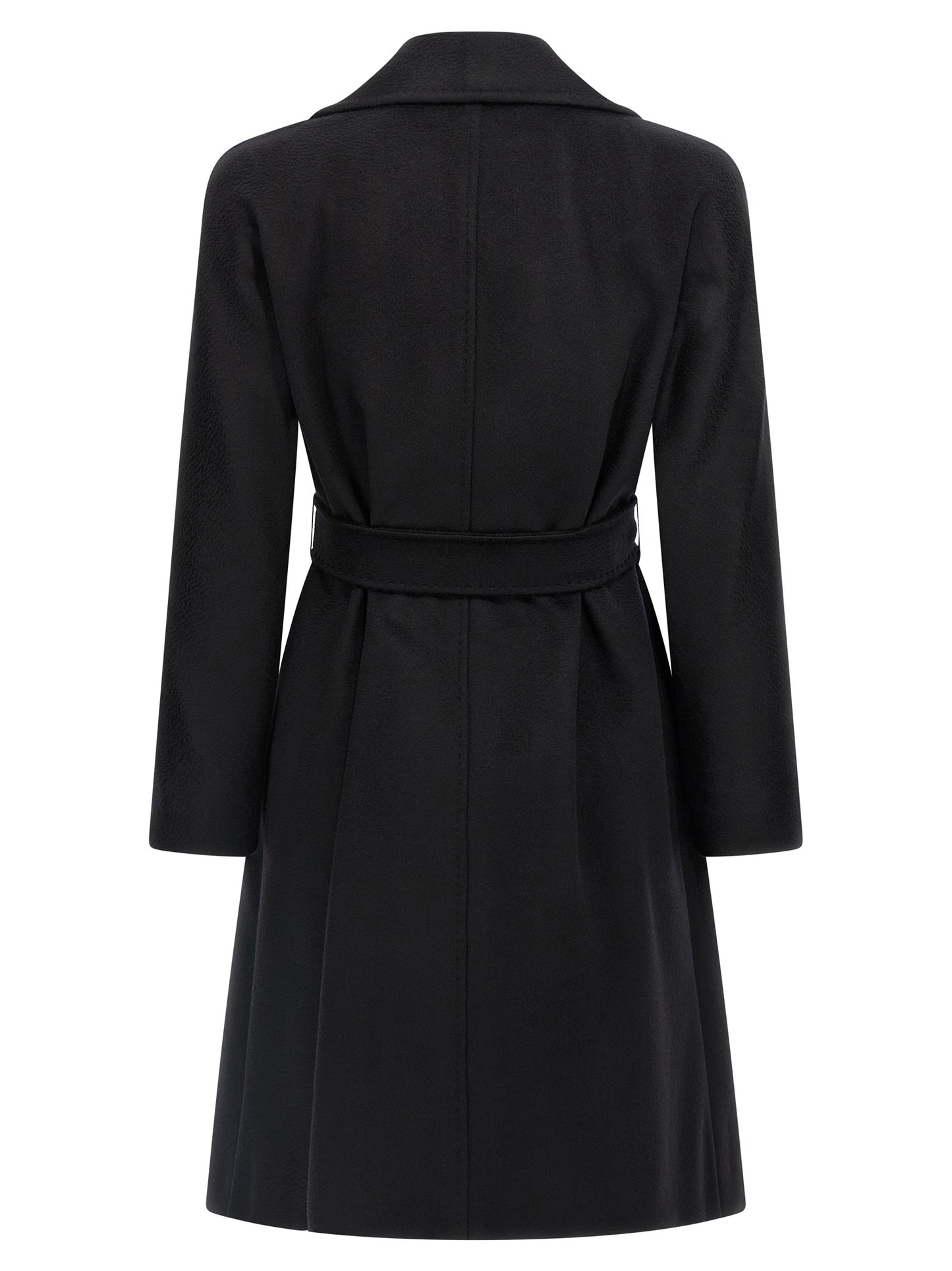 Overcoat by Max Mara for women in viscose & virgin wool black & monogram features a contemporary silhouette showcasing a contemporary wrap lapel neckline and refined pockets for a sophisticated finish.