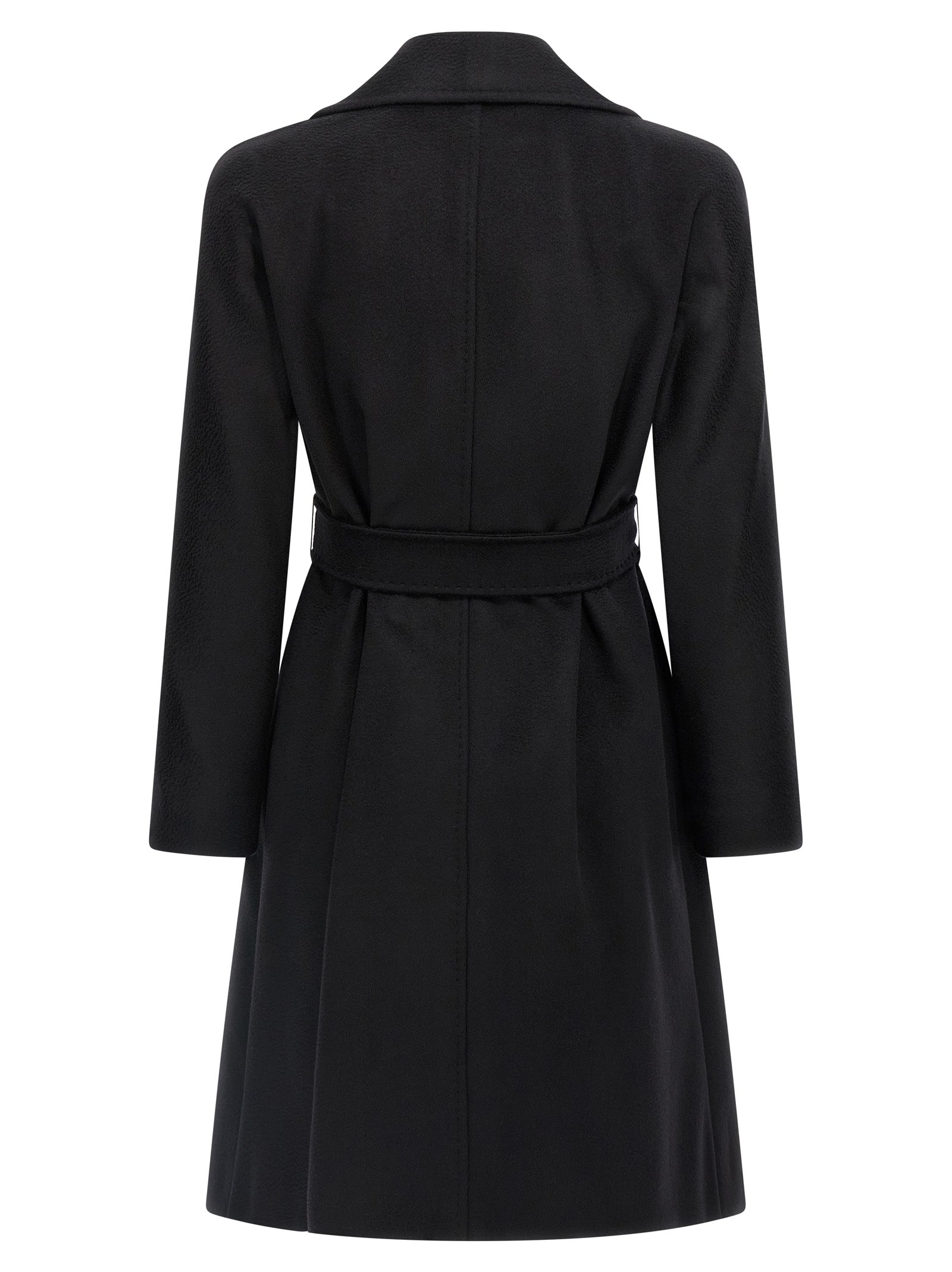 Overcoat by Max Mara for women in viscose & virgin wool black & monogram features a contemporary silhouette showcasing a contemporary wrap lapel neckline and refined pockets for a sophisticated finish.