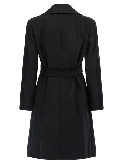 Overcoat by Max Mara for women in viscose & virgin wool black & monogram features a contemporary silhouette showcasing a contemporary wrap lapel neckline and refined pockets for a sophisticated finish.