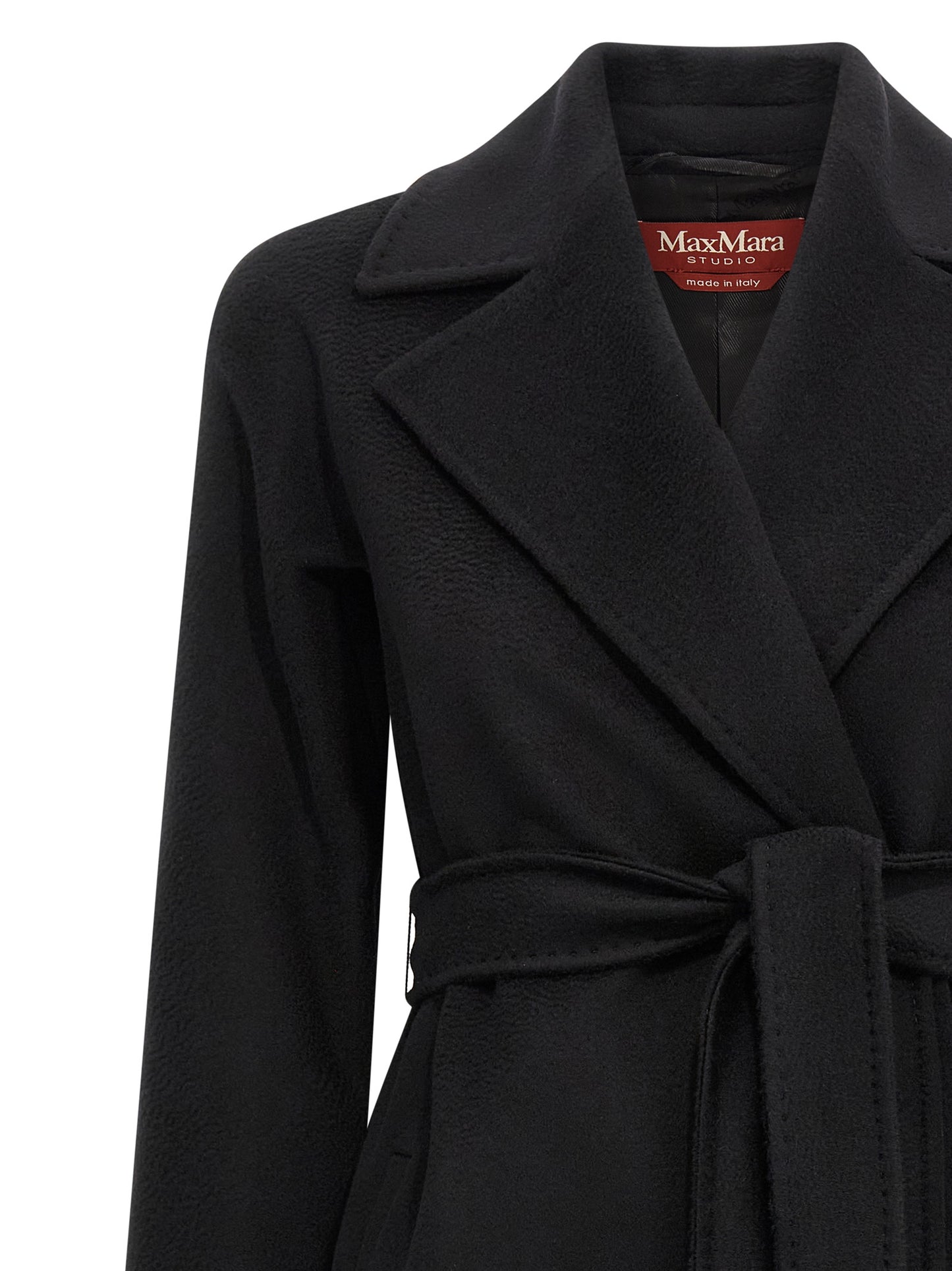 Overcoat by Max Mara for women in viscose & virgin wool black & monogram features an satoral silhouette, showcasing a sophisticated wrap lapel neckline and satoral pockets for a premium, timeless look.