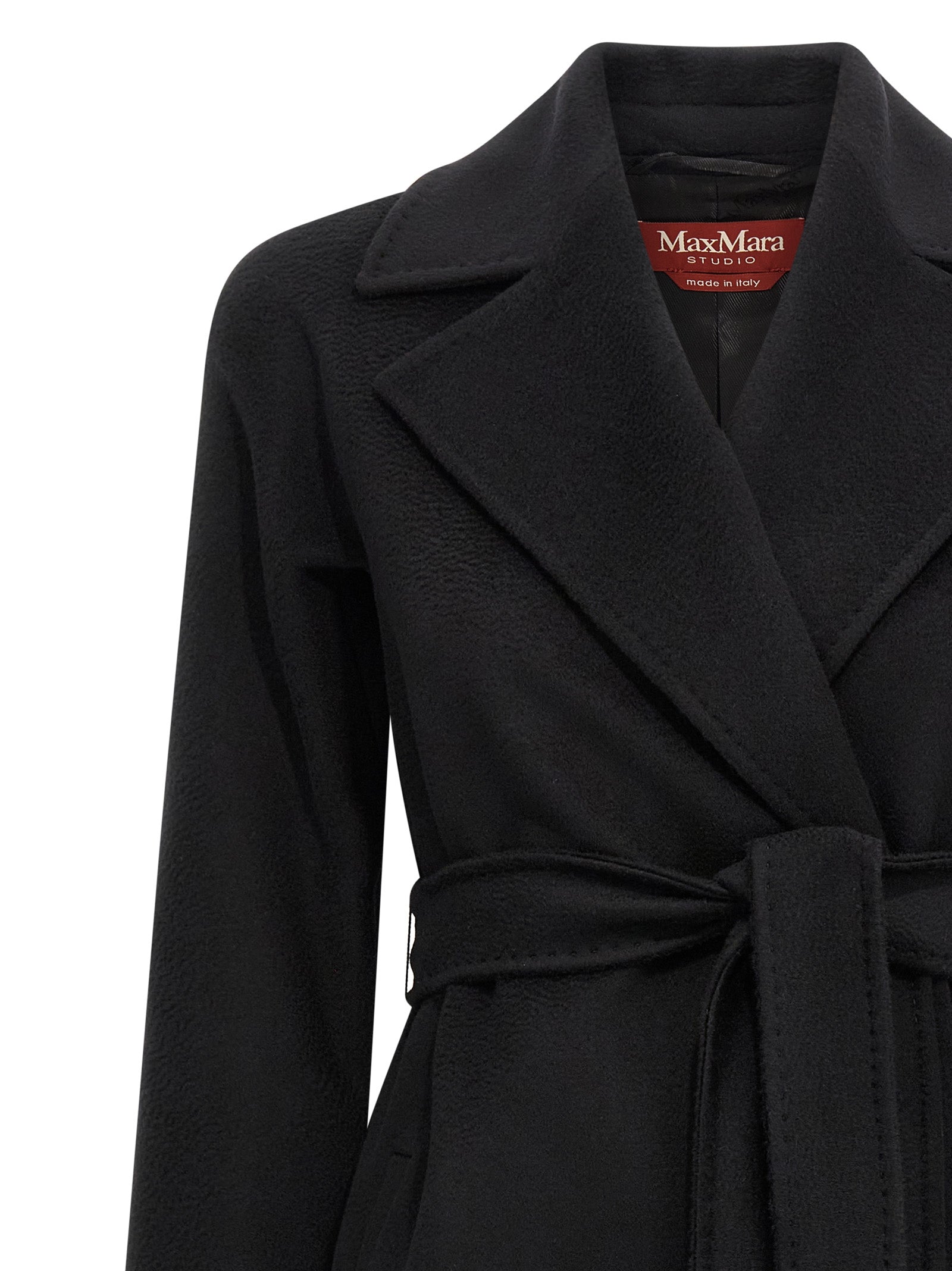 Overcoat by Max Mara for women in viscose & virgin wool black & monogram features an satoral silhouette, showcasing a sophisticated wrap lapel neckline and satoral pockets for a premium, timeless look.