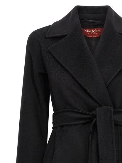 Overcoat by Max Mara for women in viscose & virgin wool black & monogram features an satoral silhouette, showcasing a sophisticated wrap lapel neckline and satoral pockets for a premium, timeless look.