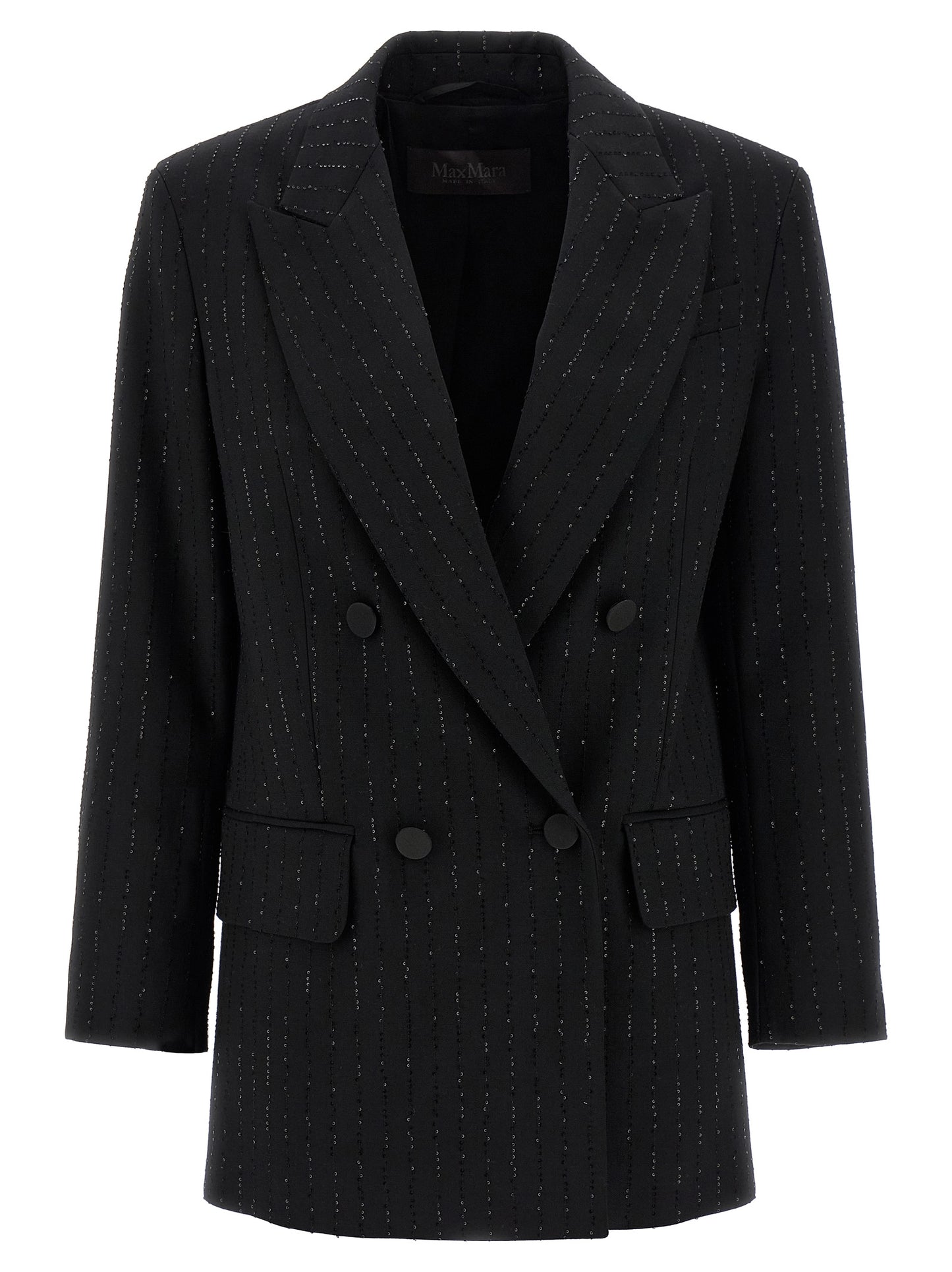 This Blazer by Max Mara for women in virgin wool polyamide & sequins black, jacquard & monogram presents a tailored silhouette, meticulously tailored with a tailored and distinctive for a tailored finish.
