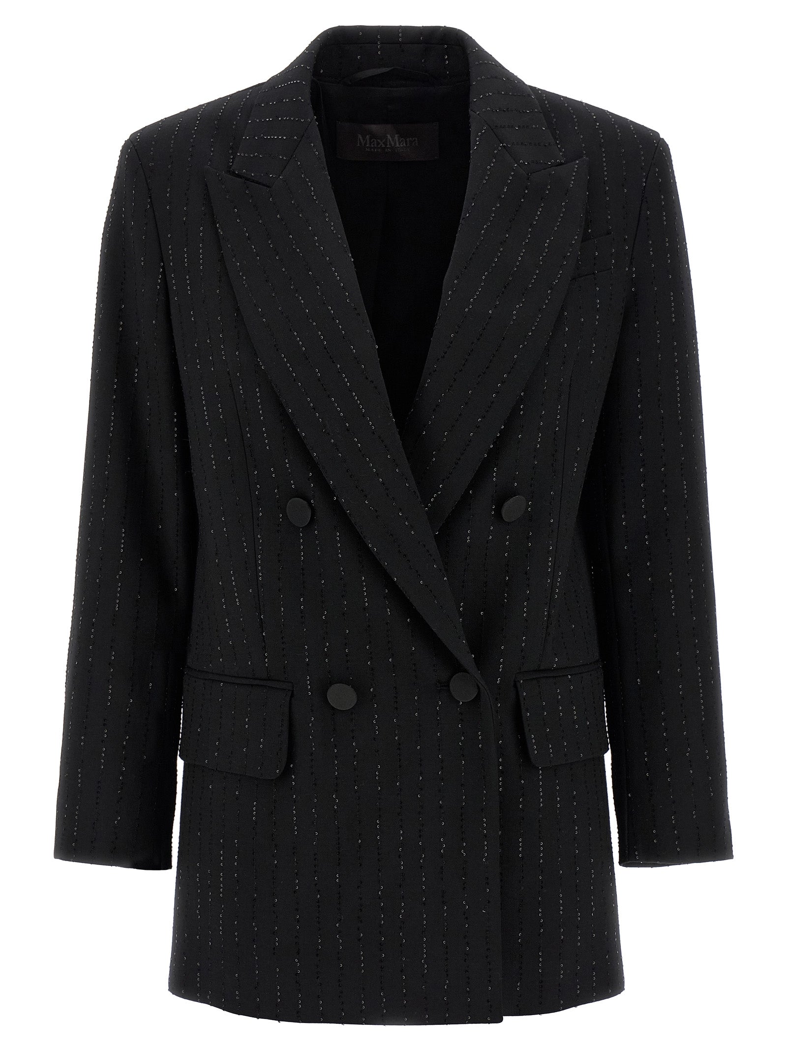 This Blazer by Max Mara for women in virgin wool polyamide & sequins black, jacquard & monogram presents a tailored silhouette, meticulously tailored with a tailored and distinctive for a tailored finish.
