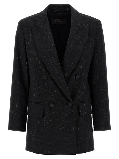 This Blazer by Max Mara for women in virgin wool polyamide & sequins black, jacquard & monogram presents a tailored silhouette, meticulously tailored with a tailored and distinctive for a tailored finish.