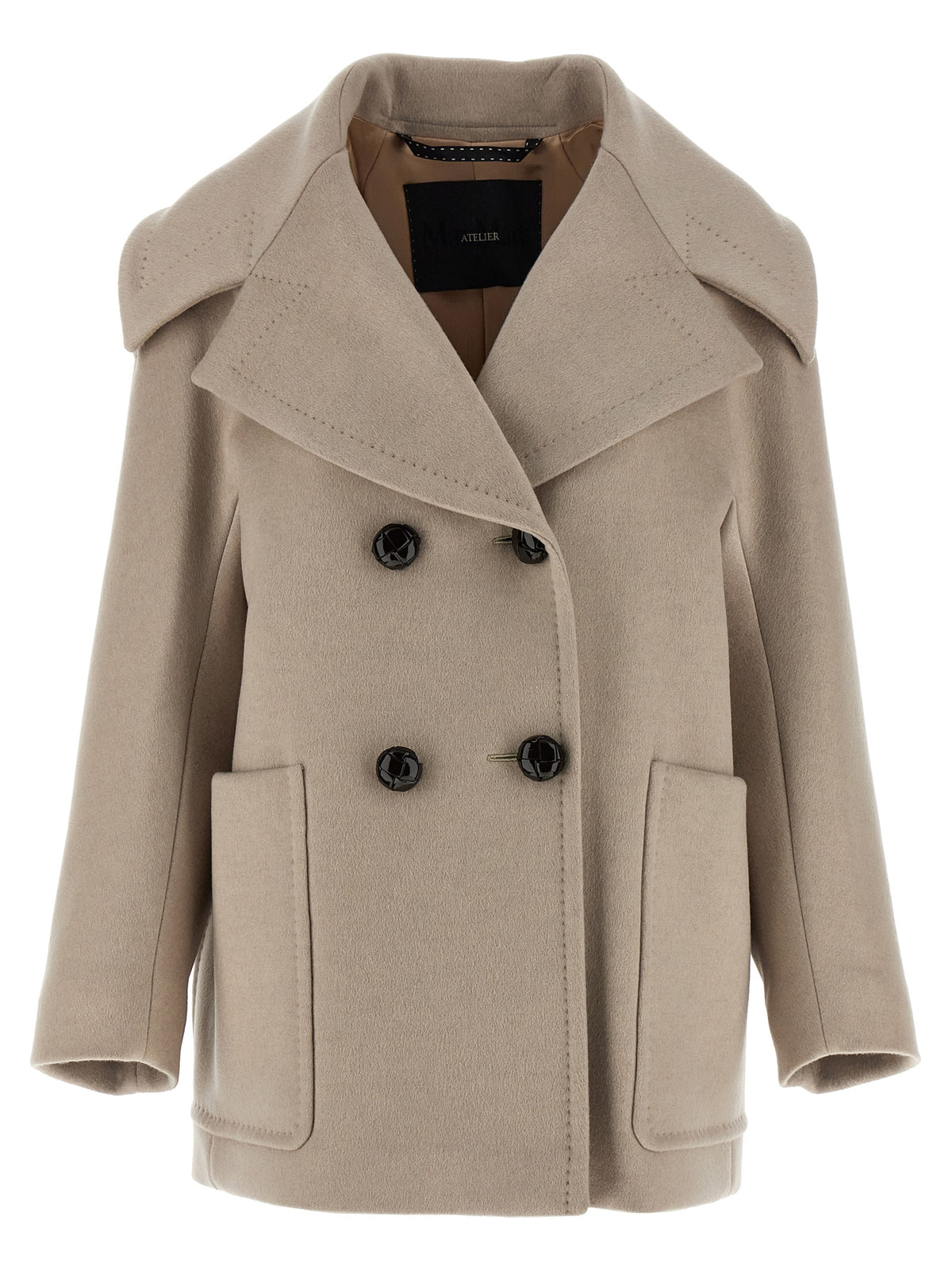 Overcoat by Max Mara for women in cashmere & cupro beige features a contemporary silhouette showcasing a contemporary lapel neckline and refined pockets for a sophisticated finish.