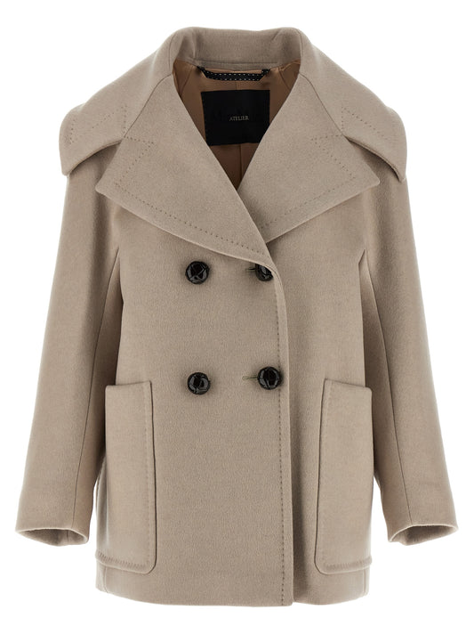 Overcoat by Max Mara for women in cashmere & cupro beige features a contemporary silhouette showcasing a contemporary lapel neckline and refined pockets for a sophisticated finish.