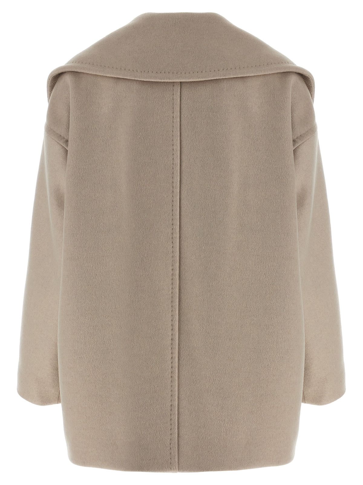 Overcoat by Max Mara for women in cashmere & cupro beige features an satoral silhouette, showcasing a sophisticated lapel neckline and satoral pockets for a premium, timeless look.