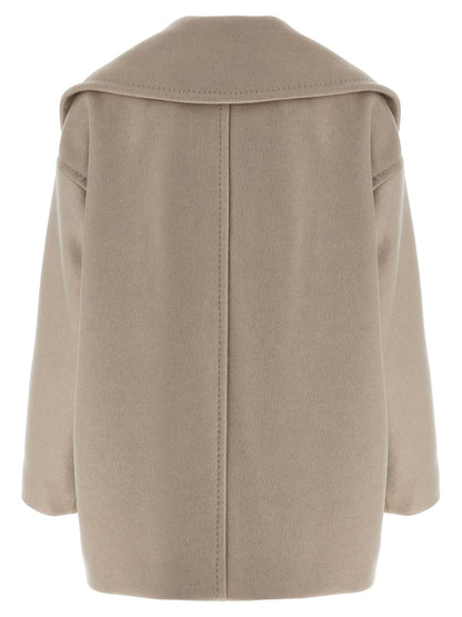 Overcoat by Max Mara for women in cashmere & cupro beige features an satoral silhouette, showcasing a sophisticated lapel neckline and satoral pockets for a premium, timeless look.