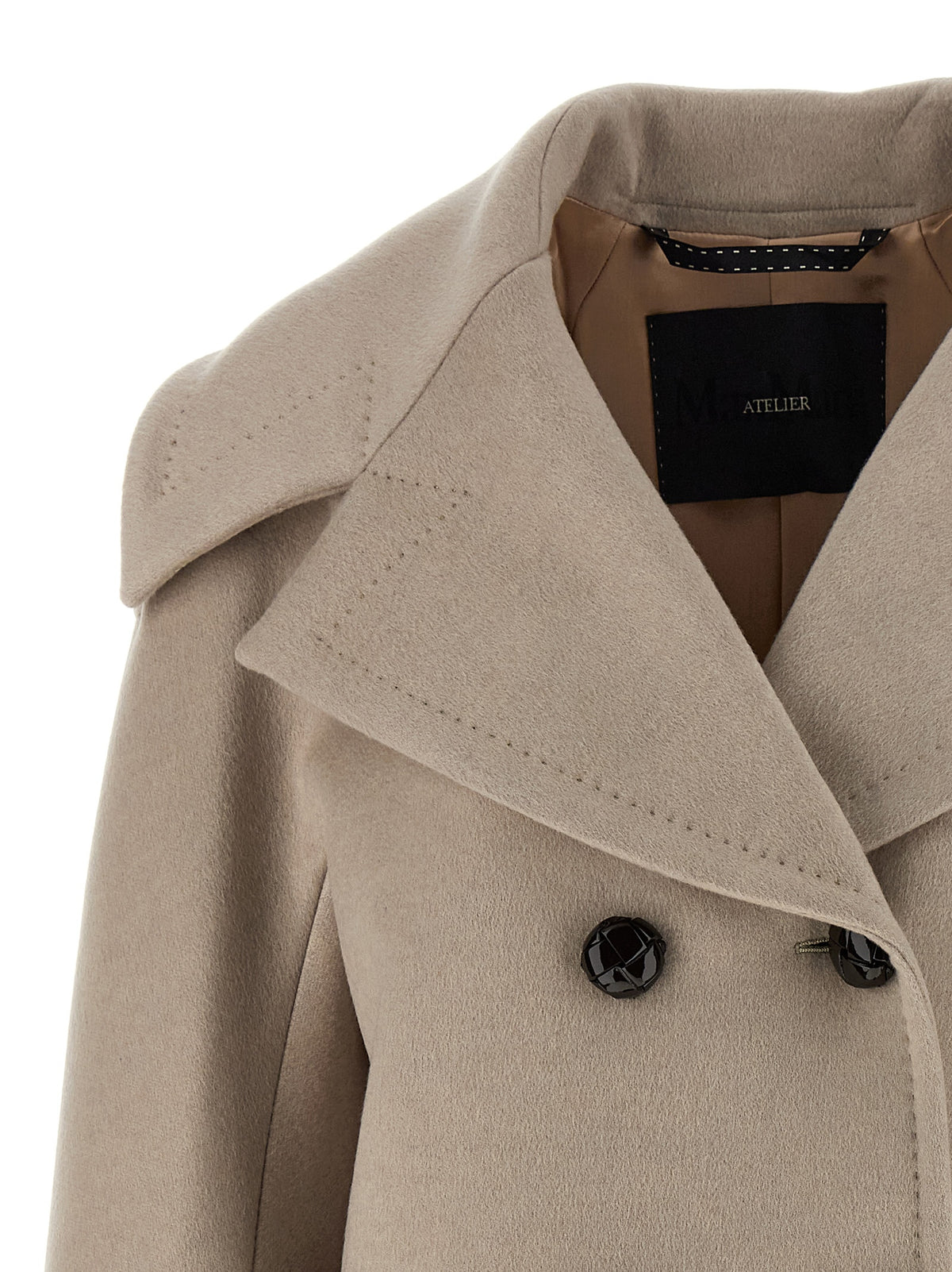 Overcoat by Max Mara for women in cashmere & cupro beige presents a luxurious silhouette, showcasing a luxurious lapel neckline and sophisticated pockets for a premium, luxurious look.