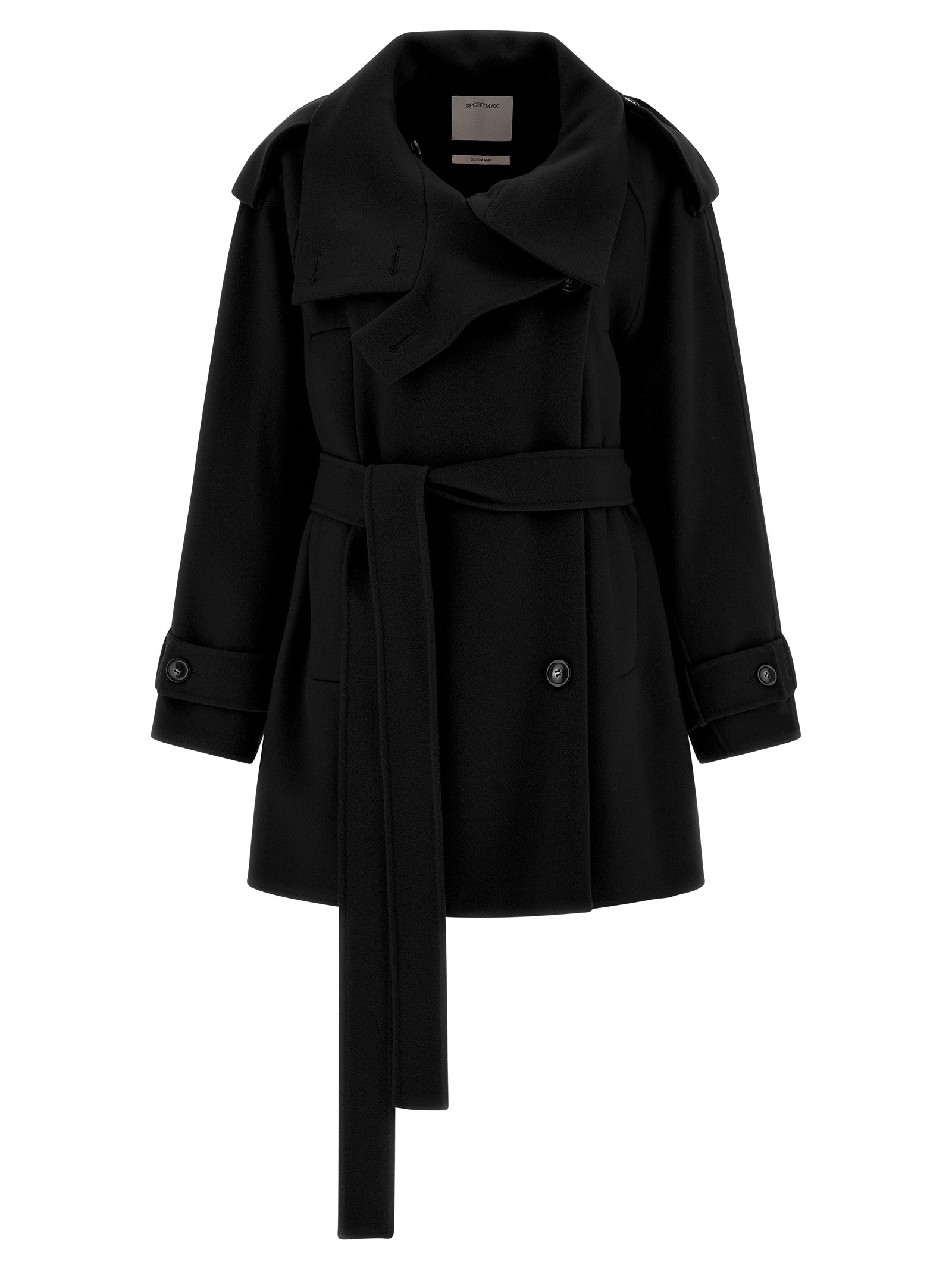 Trench Coat by Sportmax for women in virgin wool black presents a distinguished silhouette, artfully detailed with pockets and a distinguished lapel neckline for a sophisticated, distinguished finish.