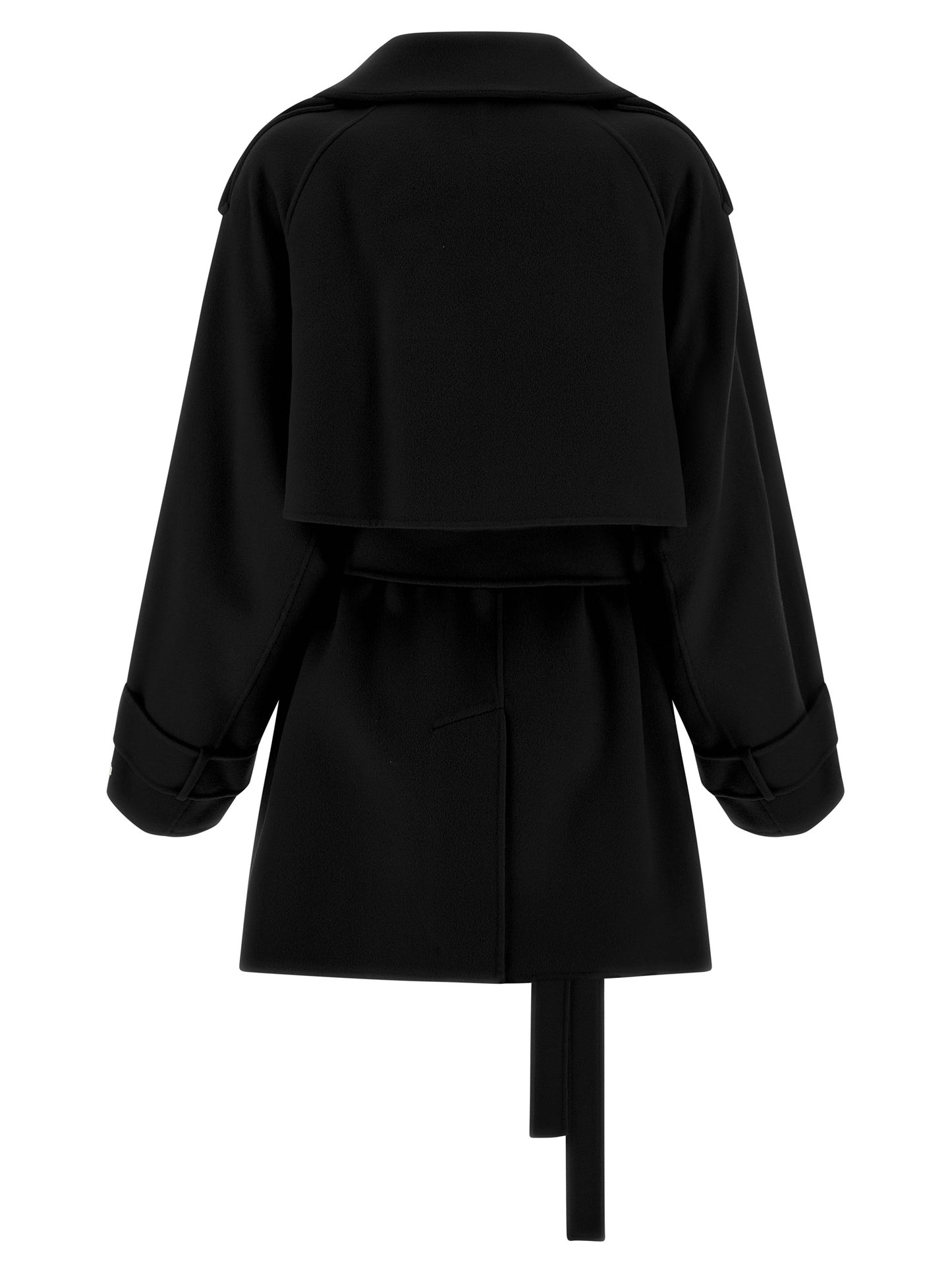 Trench Coat by Sportmax for women in virgin wool black presents a distinguished silhouette, artfully detailed with pockets and a distinguished lapel neckline for a sophisticated, distinguished finish.
