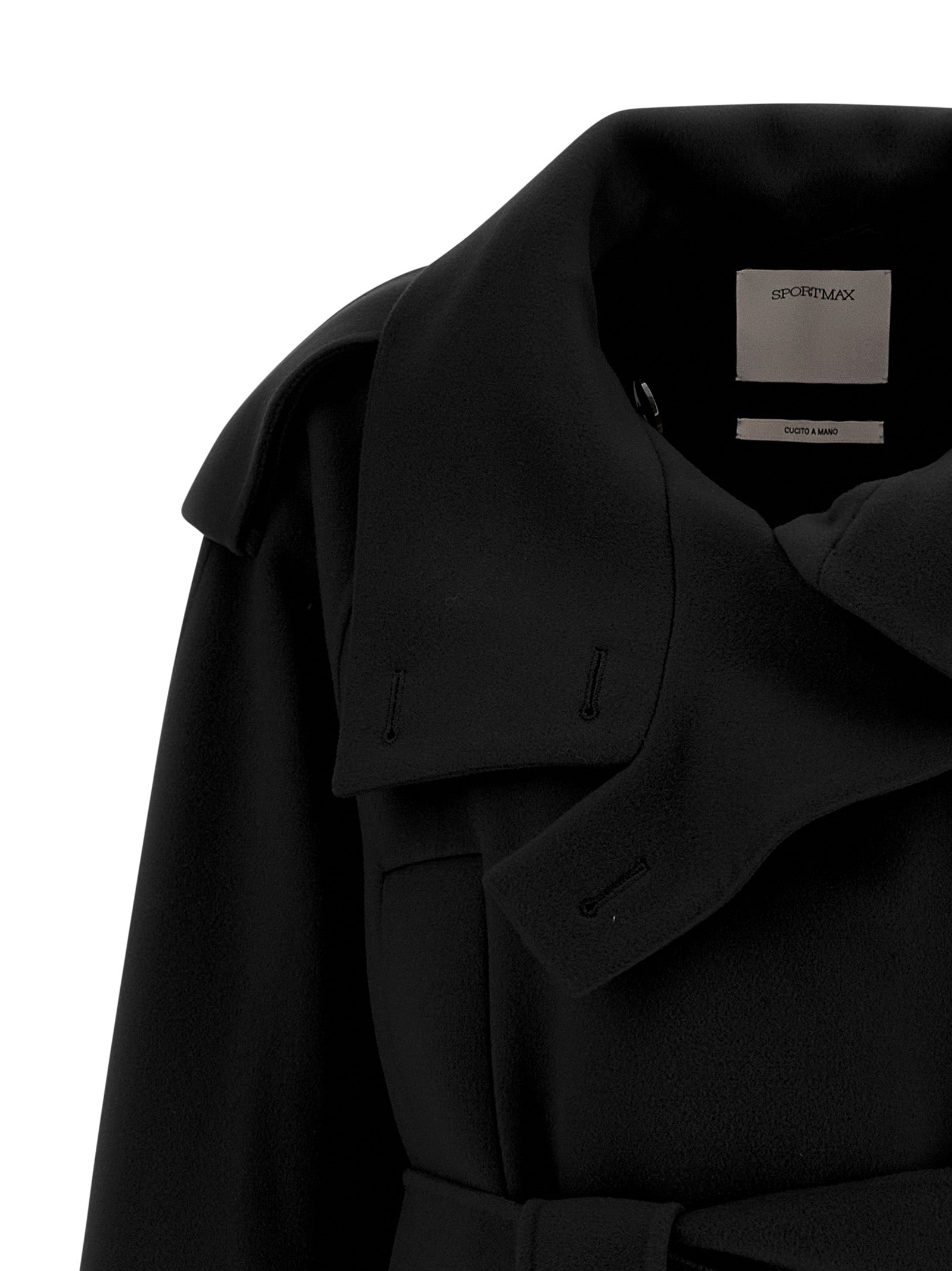 Trench Coat by Sportmax for women in virgin wool black features an dramatic silhouette, perfectly showcasing the elegant lapel neckline and sophisticated pockets for a truly dramatic aesthetic.