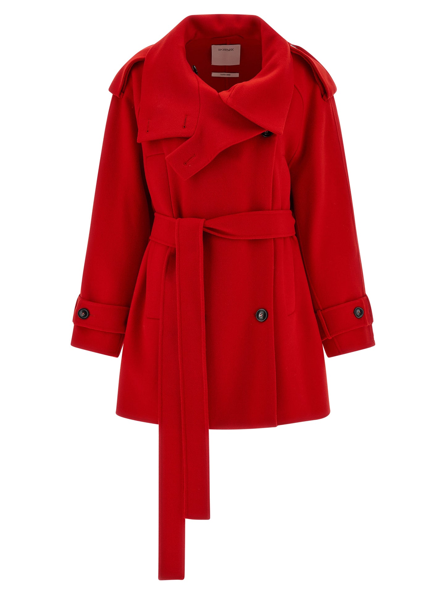 Trench Coat by Sportmax for women in virgin wool multicolor & red features an dramatic silhouette, perfectly showcasing the elegant lapel neckline and sophisticated pockets for a truly dramatic aesthetic.