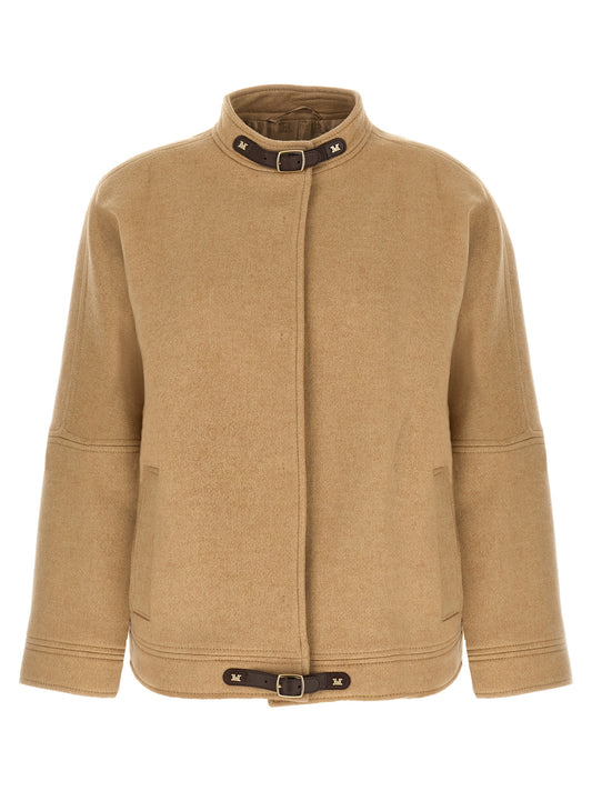Bomber Jacket by Max Mara for women in cashmere beige, camel, jacquard & monogram presents a effortlessly chic silhouette, showcasing a sophisticated high-neck neckline and premium for a truly effortlessly chic finish.