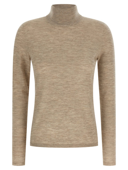 Cardigan by Max Mara for women in plush cashmere beige & signature features an impeccable silhouette, showcasing a sophisticated turtle high-neck neckline and detail for a truly impeccable finish.