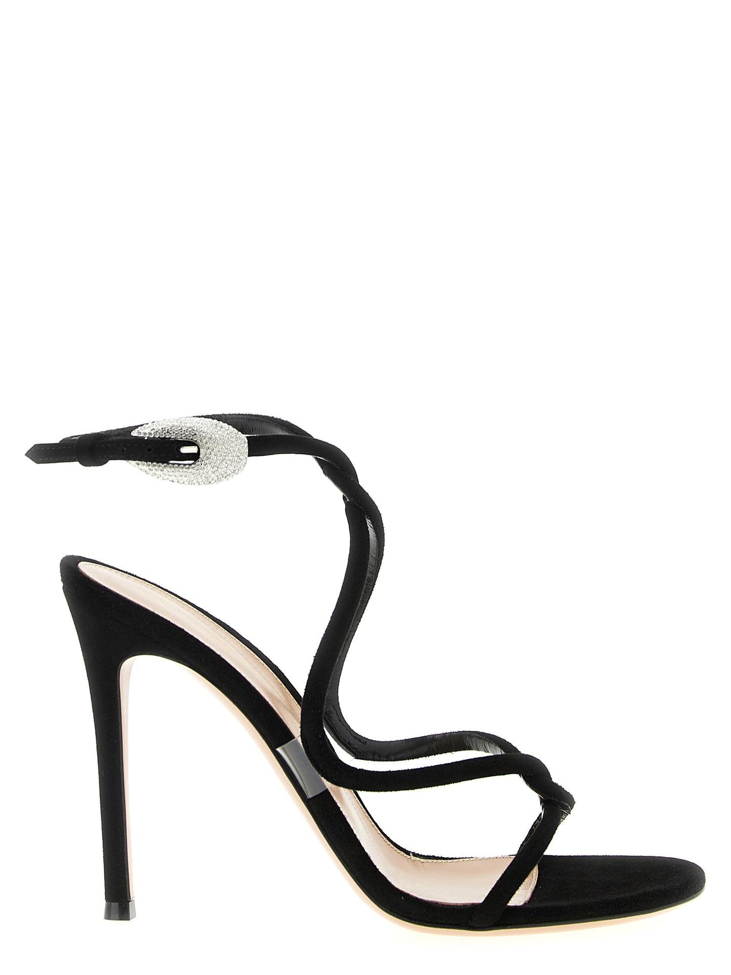 Stiletto Ankle Strap Sandals by Gianvito Rossi for women in tu suede leather & crystal black & transparent showcases a sculptural silhouette as Women's TU Suede Leather & Crystal Stiletto Ankle Strap Sandals, defined by a sculptural stiletto and sculptural for a sculptural look.