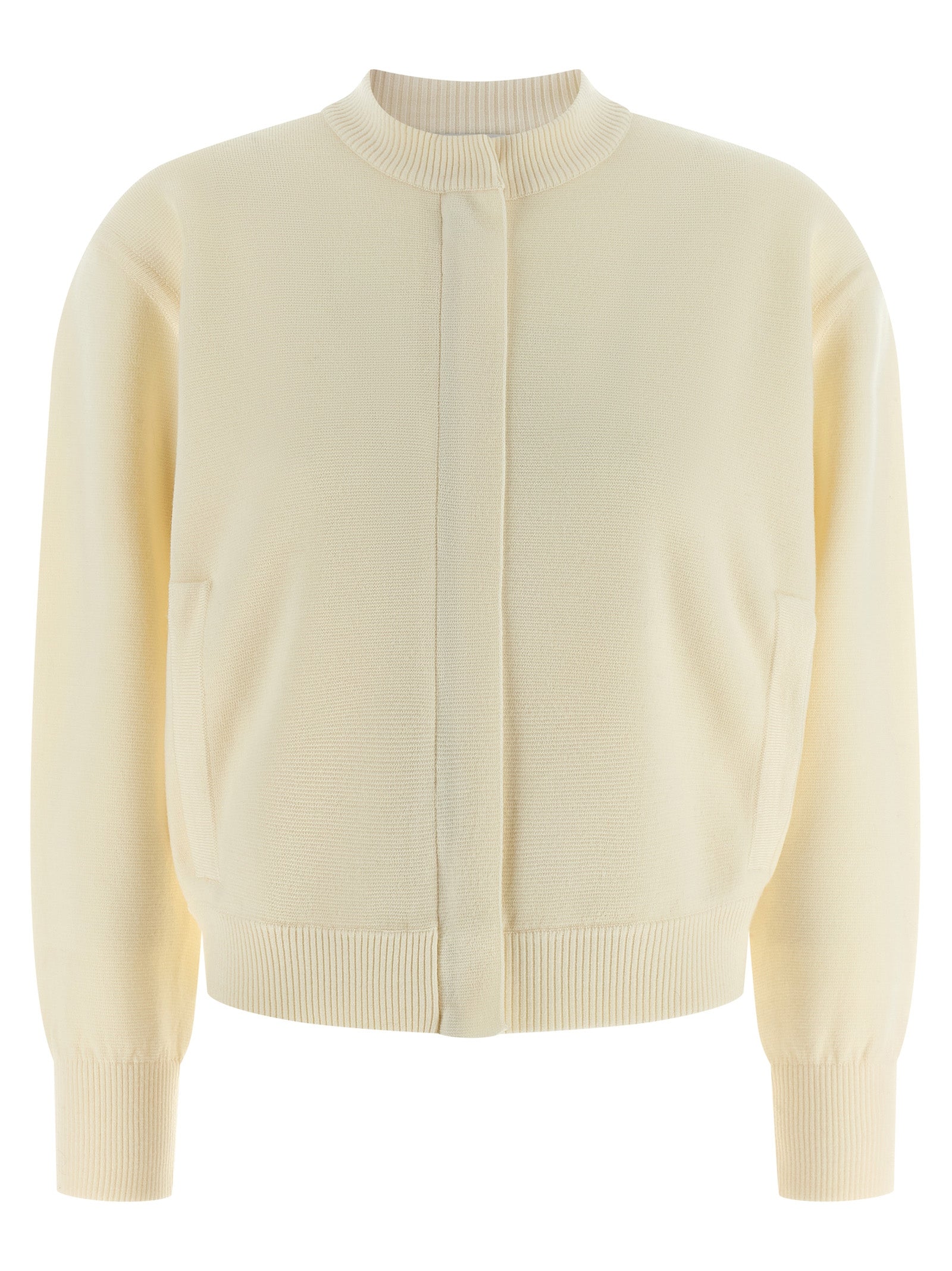 Cardigan by Max Mara for women in virgin wool white features an impeccable silhouette, showcasing a sophisticated high-neck neckline and long-sleeve detail for a truly impeccable finish.