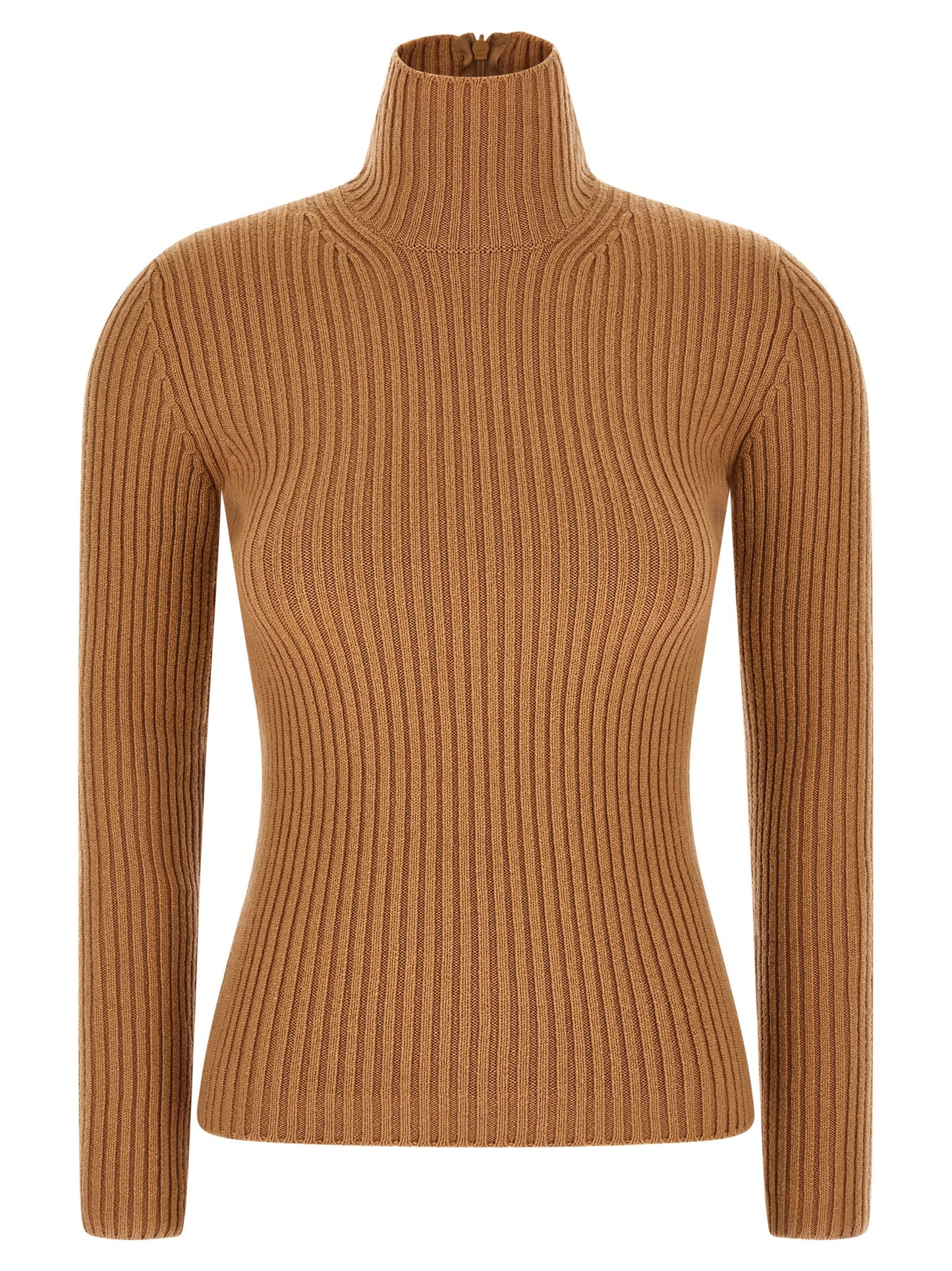 Cardigan by Max Mara for women in polyamide & cashmere beige features a nuanced silhouette with a refined turtle high-neck neckline and nuanced long-sleeve detailing for a sophisticated look.