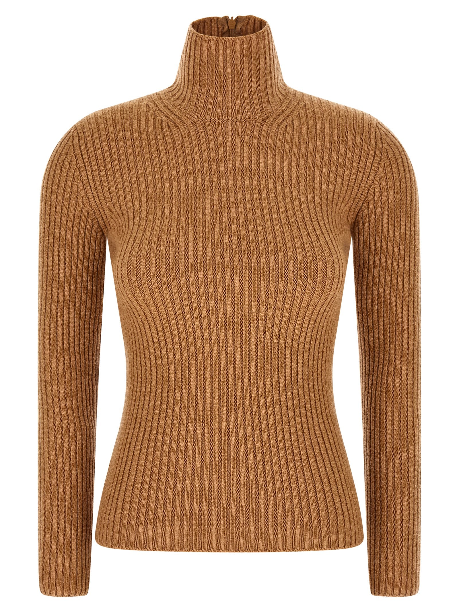 Cardigan by Max Mara for women in polyamide & cashmere beige features a nuanced silhouette with a refined turtle high-neck neckline and nuanced long-sleeve detailing for a sophisticated look.